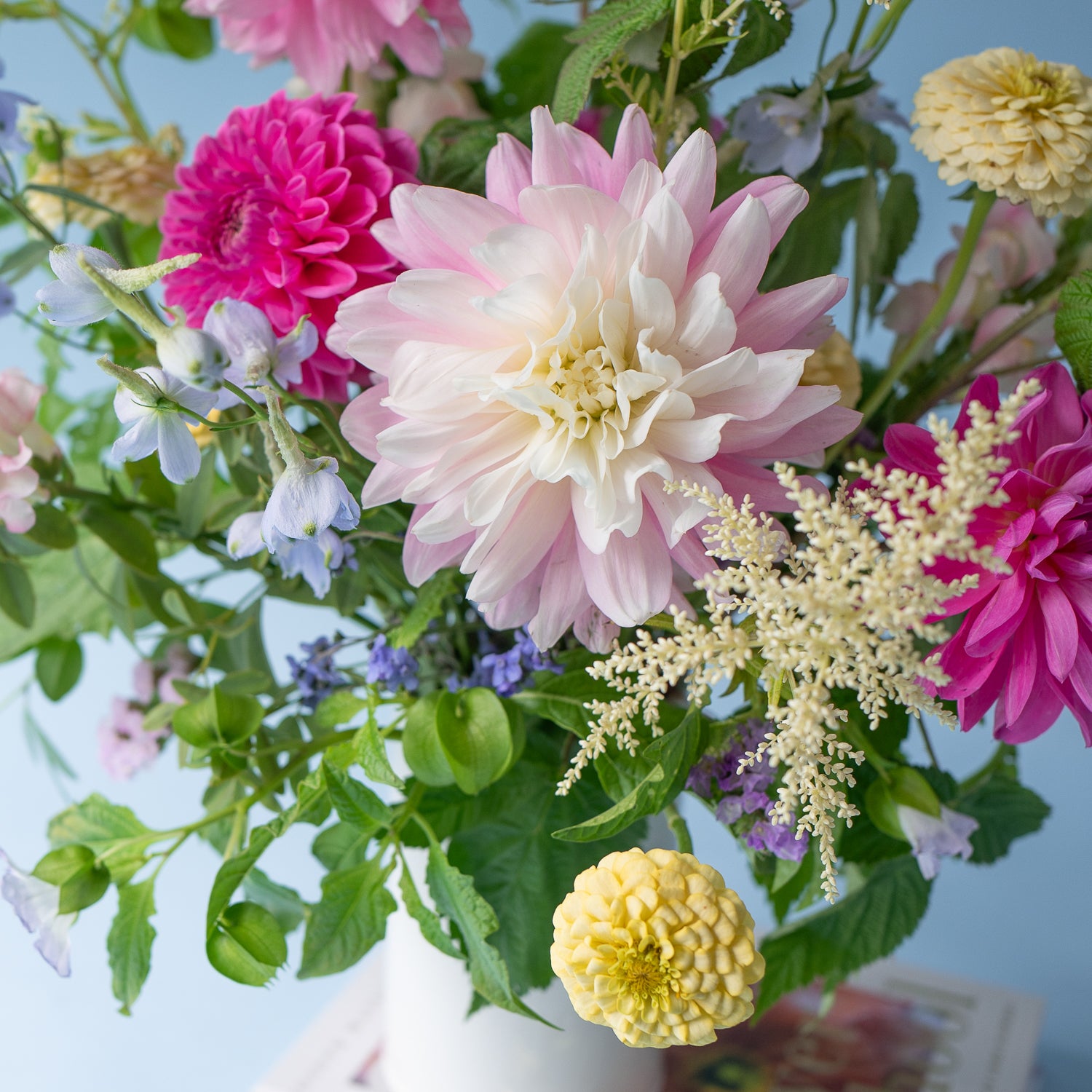 Love in a Mist flower arrangement designed in a stylish, white ceramic vase. Available for local delivery throughout Portland, Oregon